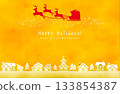 Christmas Santa and reindeer silhouettes and winter cityscape background (yellow) 133854387
