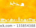 Christmas Santa and reindeer silhouettes and winter cityscape background (yellow) 133854388