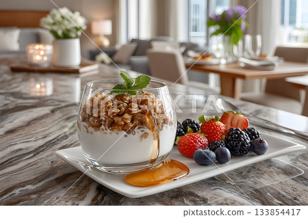 Healthy Breakfast Concept: Yogurt Parfait with Fresh Berries and Granola in Elegant Dining Setting Generative AI 133854417