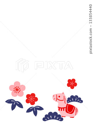Pine, bamboo, plum and cute horse New Year's card template vertical 133854440