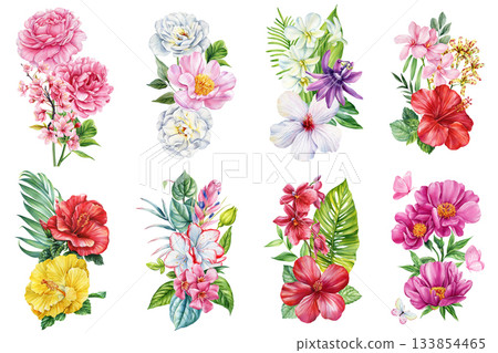 Tropical Watercolor Flower Bouquet Set with Hibiscus, Orchids, Peonies and Exotic Leaves Illustration Collection 133854465