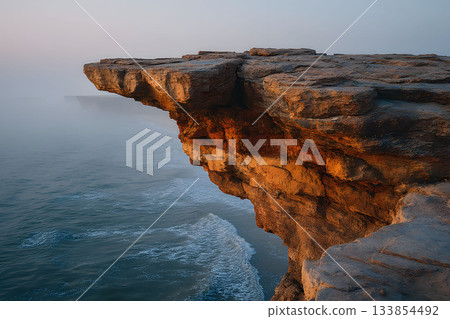 Majestic Coastal Cliff at Sunset Embracing Tranquil Mist Over Ocean Generative AI 133854492