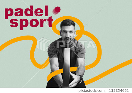 Exciting padel player showcasing skills on a vibrant backdrop in sport setting Exciting padel player showcasing skills on a vibrant backdrop in sport setting 133854661