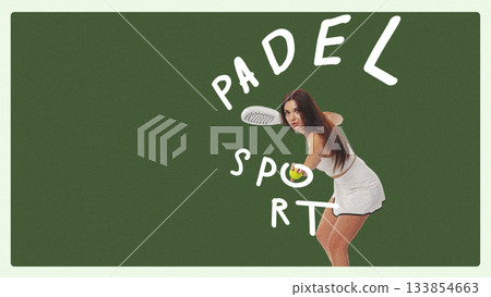 Padel player prepares to return the ball on a green court during a match Padel player prepares to return the ball on a green court during a match 133854663