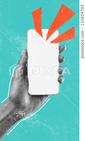 Hand holding a blank smartphone with vibrant sound waves on a blue background 133854703