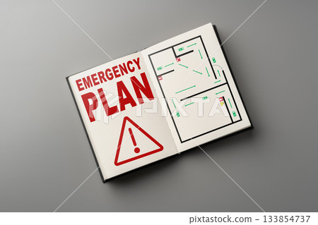 Emergency plan layout showing escape routes and safety information for all situations 133854737
