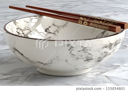 Elegant Marble-Pattern Bowl and Chopsticks on Marble Surface for Asian Cuisine Design Generative AI Elegant Marble-Pattern Bowl and Chopsticks on Marble Surface for Asian Cuisine Design Generative AI 133854801