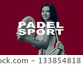 Young woman enjoying padel sport with a racket and bag in a lively setting 133854818