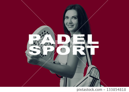 Young woman enjoying padel sport with a racket and bag in a lively setting 133854818
