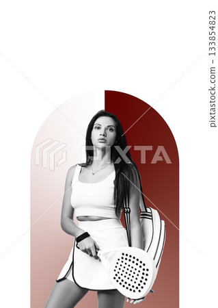 Tennis player poses confidently with racket and bag at an outdoor court during daytime Tennis player poses confidently with racket and bag at an outdoor court during daytime 133854823