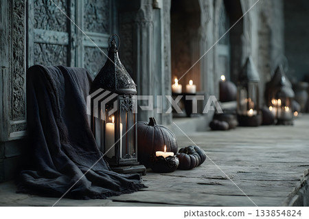 Gothic Halloween Decor with Candlelit Lanterns and Pumpkins for Spooky Ambiance Generative AI 133854824