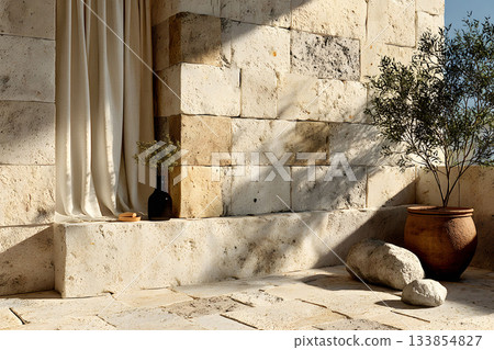 Serene Courtyard with Stone Wall and Potted Plants in Sunlit Setting Generative AI Serene Courtyard with Stone Wall and Potted Plants in Sunlit Setting Generative AI 133854827