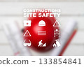 Construction site safety symbols displayed on a red background for workers' awareness 133854841