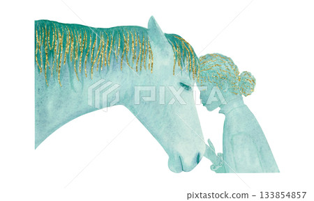 Gentle moment between horse person, watercolor illustration isolated on white painted in turquoise, golden accents. Perfect for animal designs, trust, kindness, communication, emotional storytelling 133854857