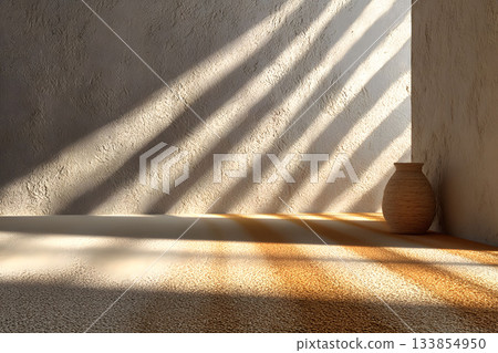 Sunlit Minimalist Interior with Textured Walls and Ceramic Vase for Art Prints Generative AI 133854950