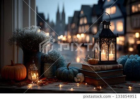 Cozy Autumn Evening with Lantern and Pumpkins in Charming Village Setting Generative AI Cozy Autumn Evening with Lantern and Pumpkins in Charming Village Setting Generative AI 133854951