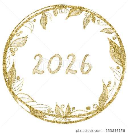 Decorative botanical wreath with metallic texture, the number 2026, suitable for calendars, planners, greeting cards, seasonal designs, branding elements, stationery layouts, elegant holiday projects Decorative botanical wreath with metallic texture, the number 2026, suitable for calendars, planners, greeting cards, seasonal designs, branding elements, stationery layouts, elegant holiday projects 133855156
