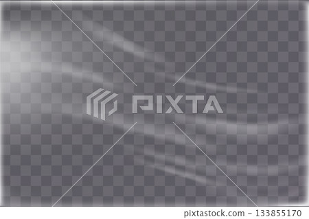 Wavy transparent shrink plastic wrap with light reflection and file texture overlay for packaging 133855170