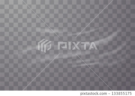 Smooth transparent shrink plastic film with soft wrinkle overlay for mockup or packaging design 133855175