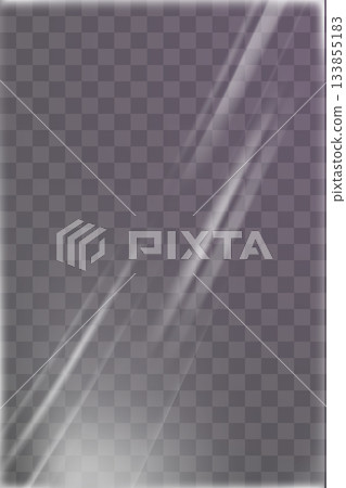 Transparent shrink wrap plastic texture with vertical light folds for document file overlay or packaging 133855183