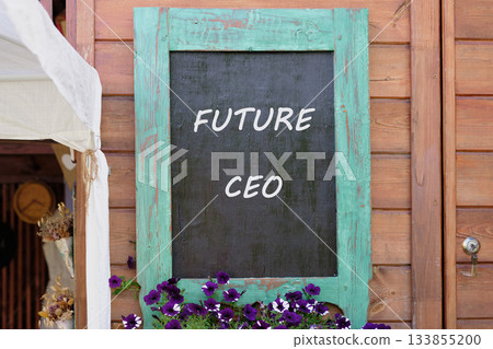 A charming wooden board shows the words Future CEO in bold letters. The backdrop features a rustic wooden wall adorned with vibrant purple flowers, hinting at creativity and ambition A charming wooden board shows the words Future CEO in bold letters. The backdrop features a rustic wooden wall adorned with vibrant purple flowers, hinting at creativity and ambition 133855200