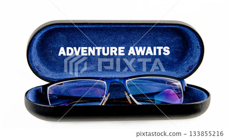 Glasses rest snugly in an elegant case that invites exploration. The vibrant setting suggests a world full of potential adventures waiting to be experienced 133855216