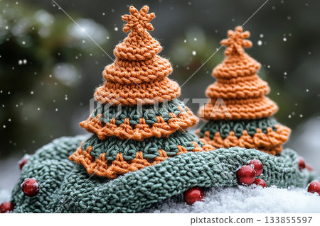 Handwork. Crocheted bright Christmas trees on a winter background. Christmas atmosphere. Creative hobby. Handwork. Crocheted bright Christmas trees on a winter background. Christmas atmosphere. Creative hobby. 133855597