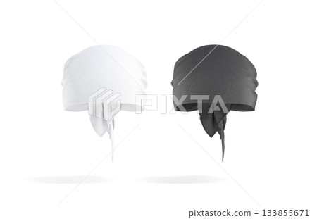 Blank black and white bandana head wrap mockup, png, transparent background, 3d rendering. Empty knot headscarf accessory mock up cut out. Clear biker or cowboy headwrap band or balaclava template. 133855671