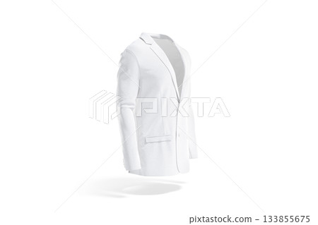 Blank white men blazer mockup, png, transparent background, 3d rendering. Empty formalwear with buttons and collar mock up cut out. Clear elegance groom outfit with smoking or jacket template. 133855675