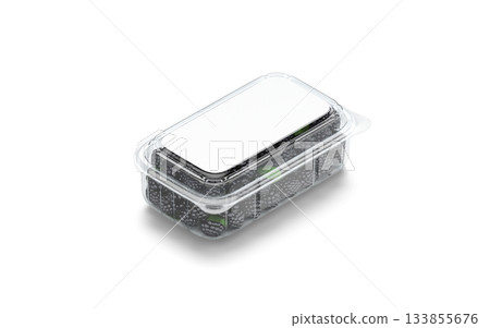 Blank transparent plastic box with blackberry mockup, png, transparent background, 3d rendering. Empty heap of organic blackberries in pack mock up cut out. Clear fresh vegan fruit container template. 133855676