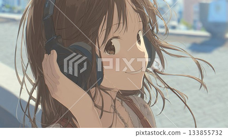 女孩在玩耳機 133855732