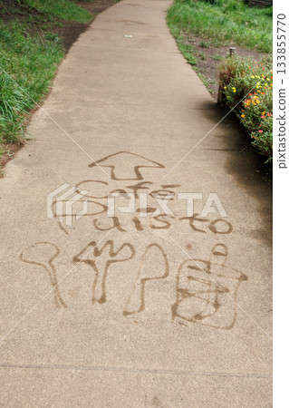 Water-painted animal illustrations on the ground and water art in the cafe guide 133855770