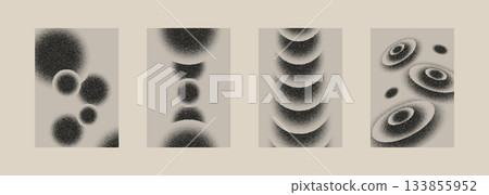 Set of abstract grainy circle textures with halftone spray, ripple rings and stipple gradients. Distressed retro shapes for overlays, posters, graphic design and modern minimal layouts Set of abstract grainy circle textures with halftone spray, ripple rings and stipple gradients. Distressed retro shapes for overlays, posters, graphic design and modern minimal layouts 133855952