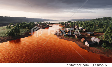 Contaminated water and reservoirs in forests, pollution of surface waters as a result of human activity with chemicals. Industrial chemical pollution. Environmental pollution. Ecological disaster Contaminated water and reservoirs in forests, pollution of surface waters as a result of human activity with chemicals. Industrial chemical pollution. Environmental pollution. Ecological disaster 133855976