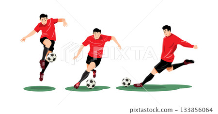 Set of soccer player is kicking the ball into the goal . Flat design cartoon character illustration . Vector . 133856064