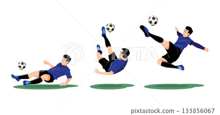 Set of soccer player is kicking the ball into the goal . Flat design cartoon character illustration . Vector . Set of soccer player is kicking the ball into the goal . Flat design cartoon character illustration . Vector . 133856067