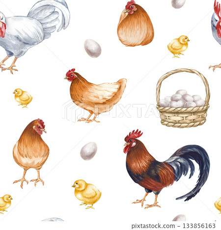 Seamless pattern of a poultry yard on an isolated background. Watercolor illustration of hens, roosters, chickens, eggs and baskets with fresh flowers. Vintage realistic bird pattern for agriculture 133856163