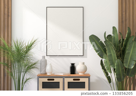 3D Render of Vertical Thin Black Frame on Light Wall in Modern Interior 133856205