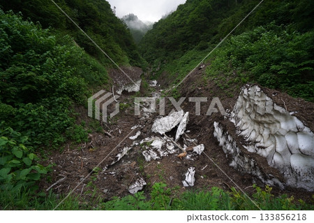 2025年8月6日,在鳥兜山橫跨溪流的佐古川森林道路上,一個雪球正在滾動。 2025年8月6日,在鳥兜山橫跨溪流的佐古川森林道路上,一個雪球正在滾動。 133856218