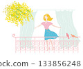 A woman enjoying the spring breeze on a balcony (color variations available) 133856248