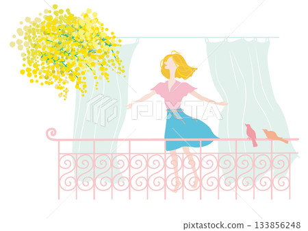 A woman enjoying the spring breeze on a balcony (color variations available) 133856248