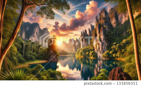 Quiet fantasy cliffs and lake 133856351