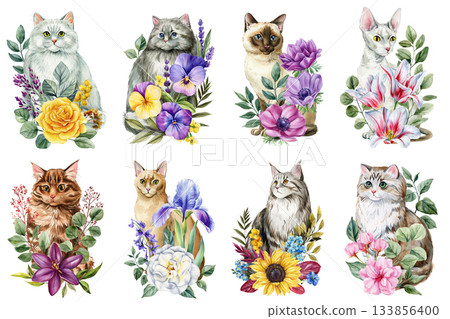 Watercolor cats with floral bouquets and botanical flowers, cute feline illustrations for prints and designs Watercolor cats with floral bouquets and botanical flowers, cute feline illustrations for prints and designs 133856400