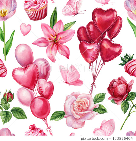 romantic watercolor pattern with pink roses lilies balloons butterflies and floral elements seamless soft valentine design romantic watercolor pattern with pink roses lilies balloons butterflies and floral elements seamless soft valentine design 133856404