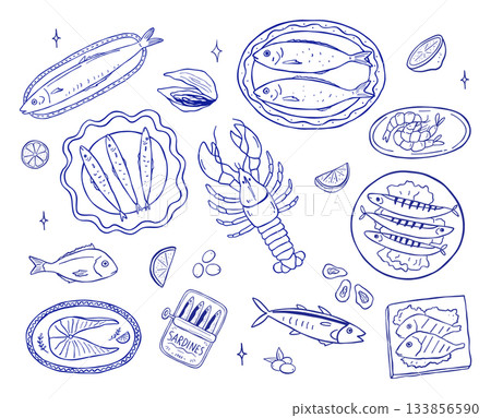 Mediterranean seafood illustration with lobster, lemon, and coastal food elements. Hand drawn fish and can of sardines. Perfect for Italian restaurant menu design or summer postcard Mediterranean seafood illustration with lobster, lemon, and coastal food elements. Hand drawn fish and can of sardines. Perfect for Italian restaurant menu design or summer postcard 133856590