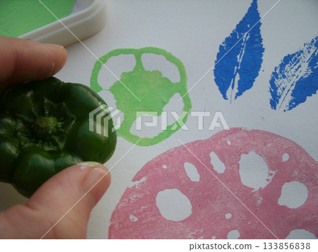 Painting leaves, lotus roots, and pieces of pepper, then stamping various patterns onto them. Painting leaves, lotus roots, and pieces of pepper, then stamping various patterns onto them. 133856838