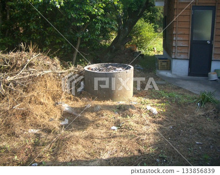 An outdated incinerator standing in a garden An outdated incinerator standing in a garden 133856839