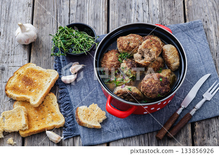 Frikadellen, Minced Meat Patties in a red pot 133856926