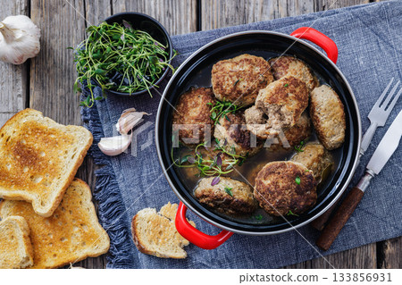 Frikadellen, Minced Meat Patties in a red pot 133856931