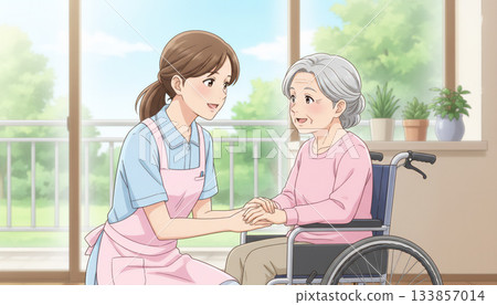坐在輪椅上的老年婦女和一名女性護理人員 133857014